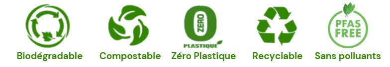 Biodégradable<br />
Compostable<br />
Zéro Plastique<br />
Recyclable<br />
Sans polluants